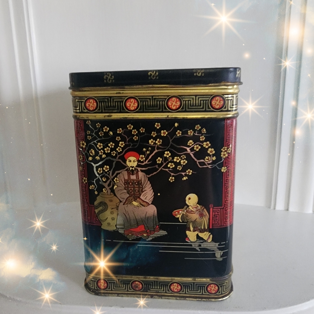 Vintage Tea Storage Tin Chinese Japanese Asian Ladies Master Bird Crane Design